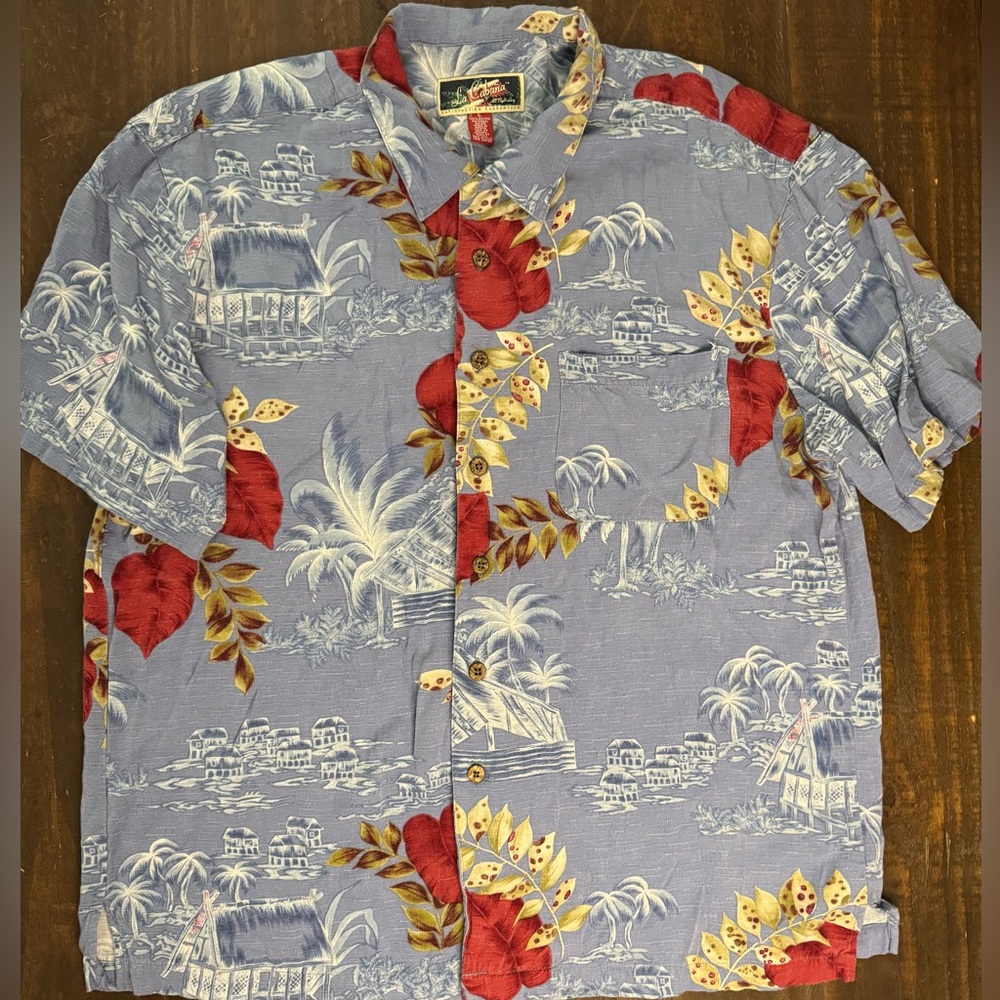 VTG La Cabana All Night Long Rayon Tropical Blue & Red Men's Shirt Size L